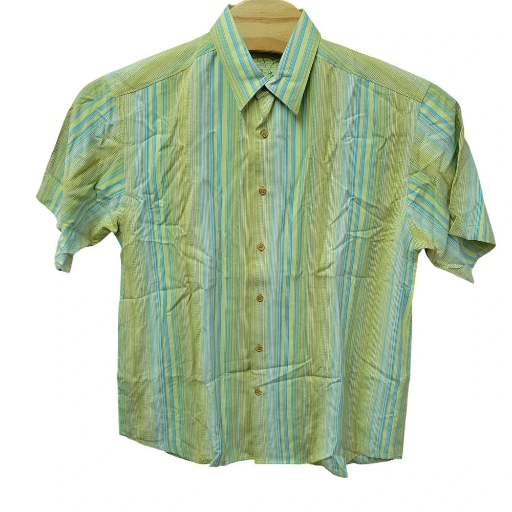 Tommy Bahama Mens Medium 100% Silk‎ Striped Short Sleeve Button Down Shirt Green